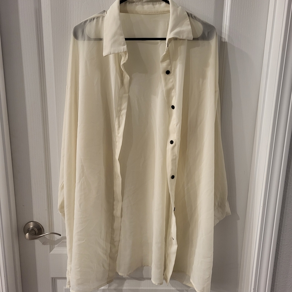 Ivory Sheer Oversized Button Down Shirt – Swimsuit CMen's Cream Button-Up Jacket - Picture 1 of 2